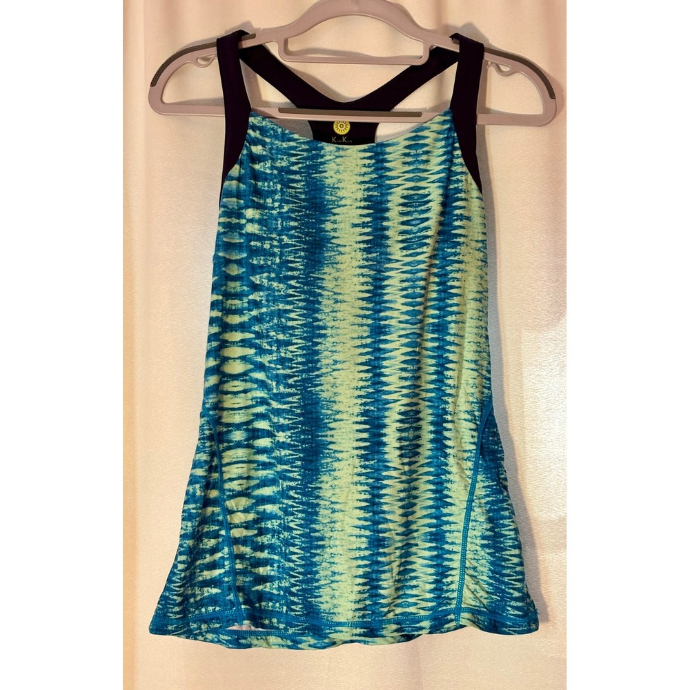 Kiwi Kate Womens Blue Green Ikat Racerback Athletic Tank Top Zipper Pocket Small